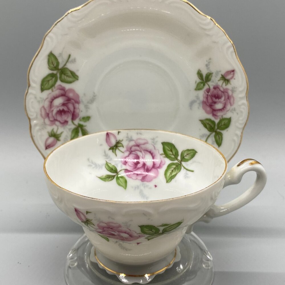 Sealy China Pink Rose Ruffle Pedestal Teacup & Saucer Set with Display Stand